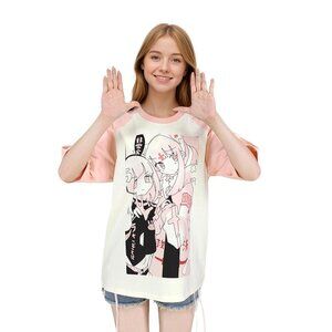 Anime Print Oversized T-Shirt for Girls Short Sleeve Raglan Tee Japanese Cartoon